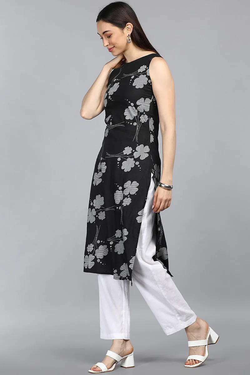 Black Floral Printed Kurta