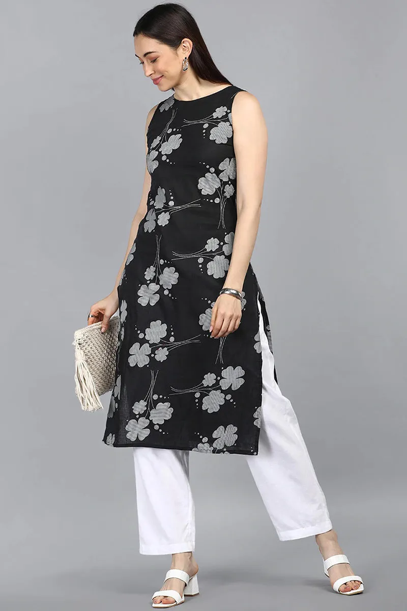 Black Floral Printed Kurta
