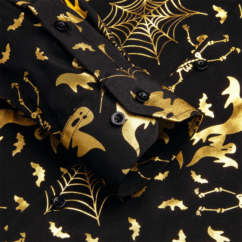 Black Gold Halloween Cobwebs Skull Ghost Silk Men's Long Sleeve Shirt