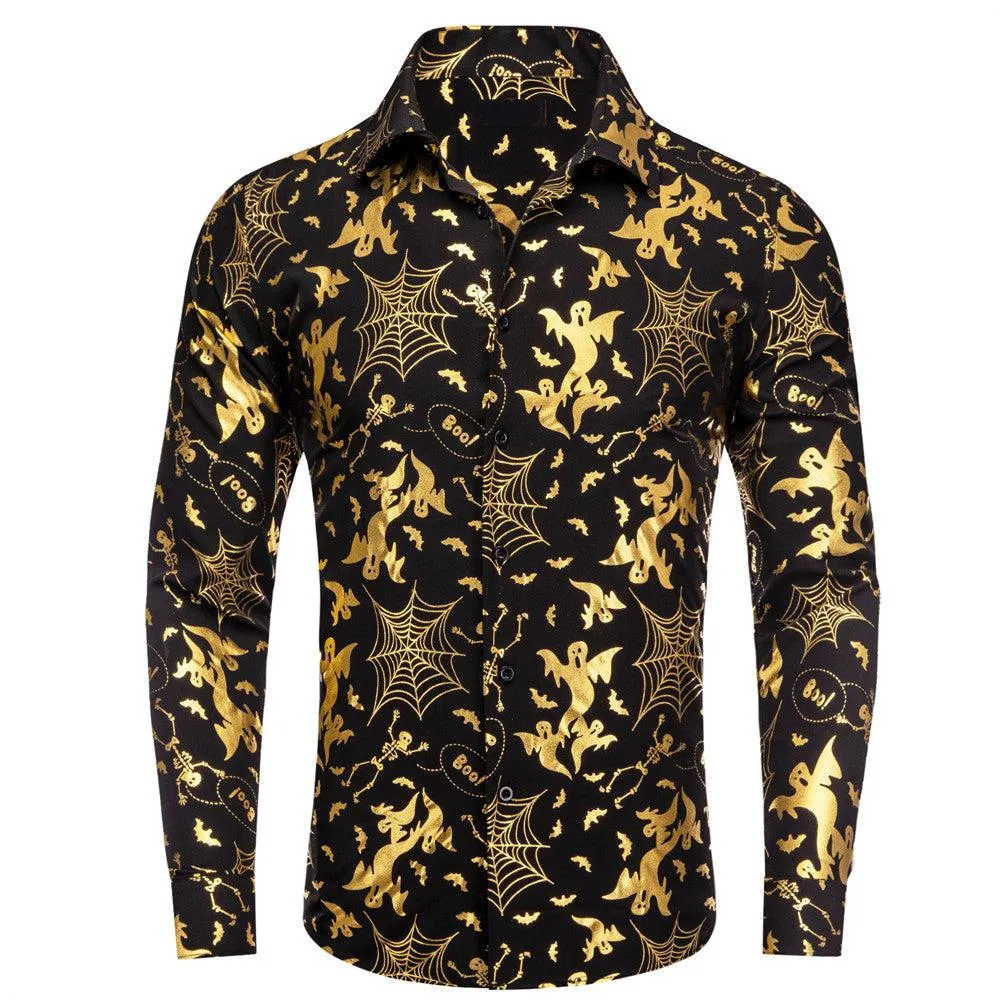 Black Gold Halloween Cobwebs Skull Ghost Silk Men's Long Sleeve Shirt