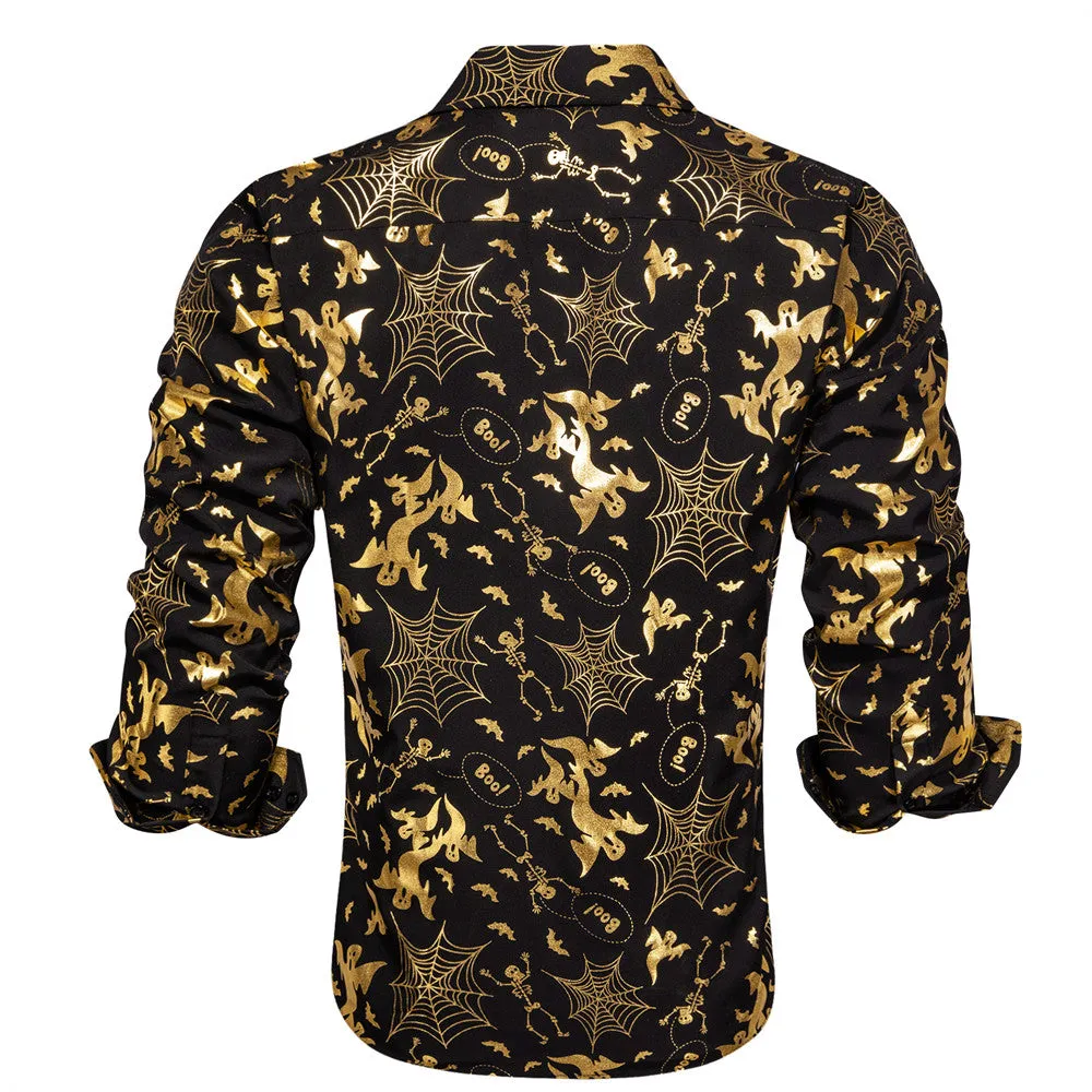 Black Gold Halloween Cobwebs Skull Ghost Silk Men's Long Sleeve Shirt