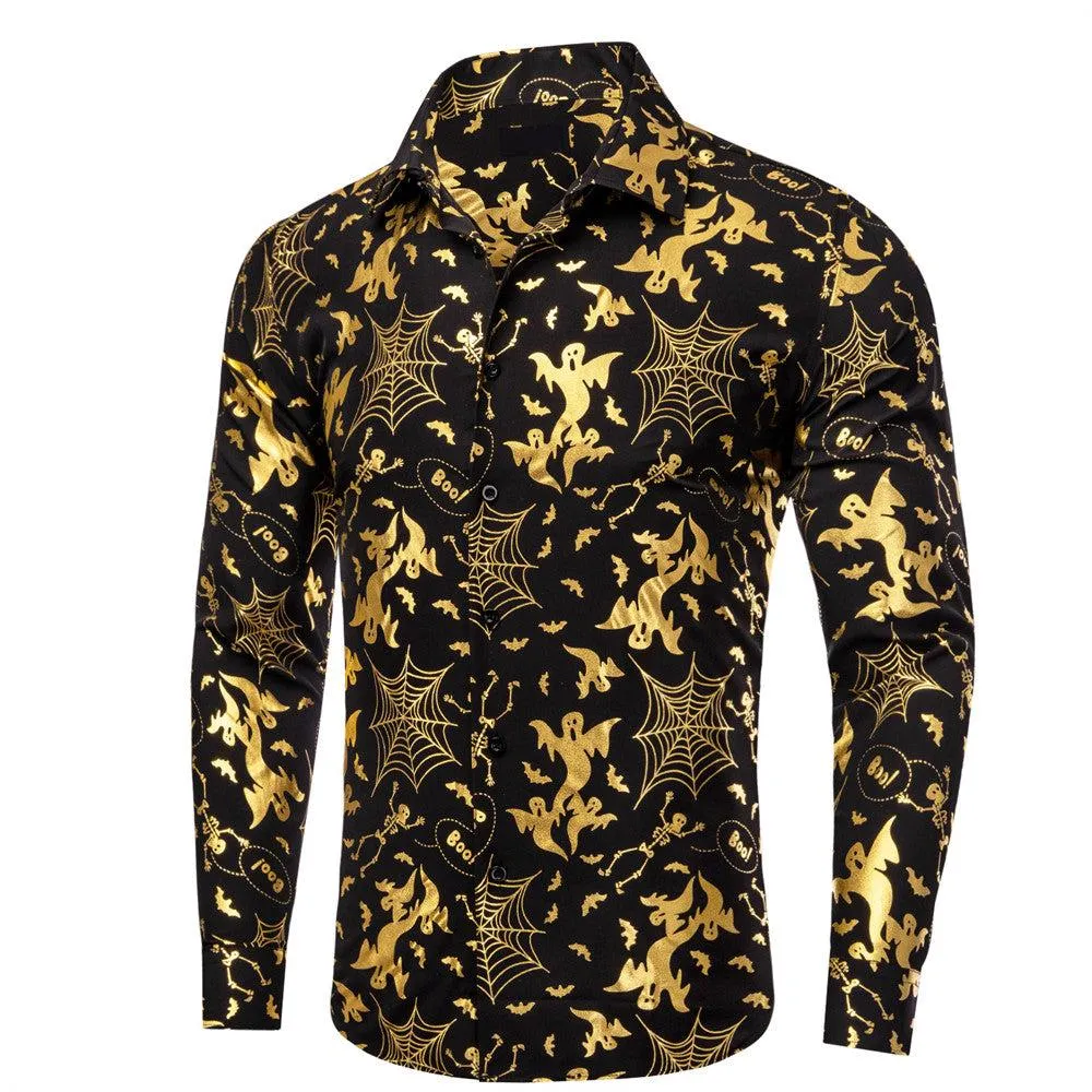Black Gold Halloween Cobwebs Skull Ghost Silk Men's Long Sleeve Shirt