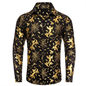 Black Gold Halloween Cobwebs Skull Ghost Silk Men's Long Sleeve Shirt