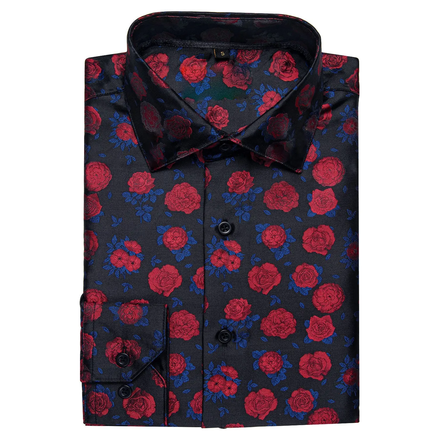 Black Red Rose Floral Silk Men's Long Sleeve Shirt