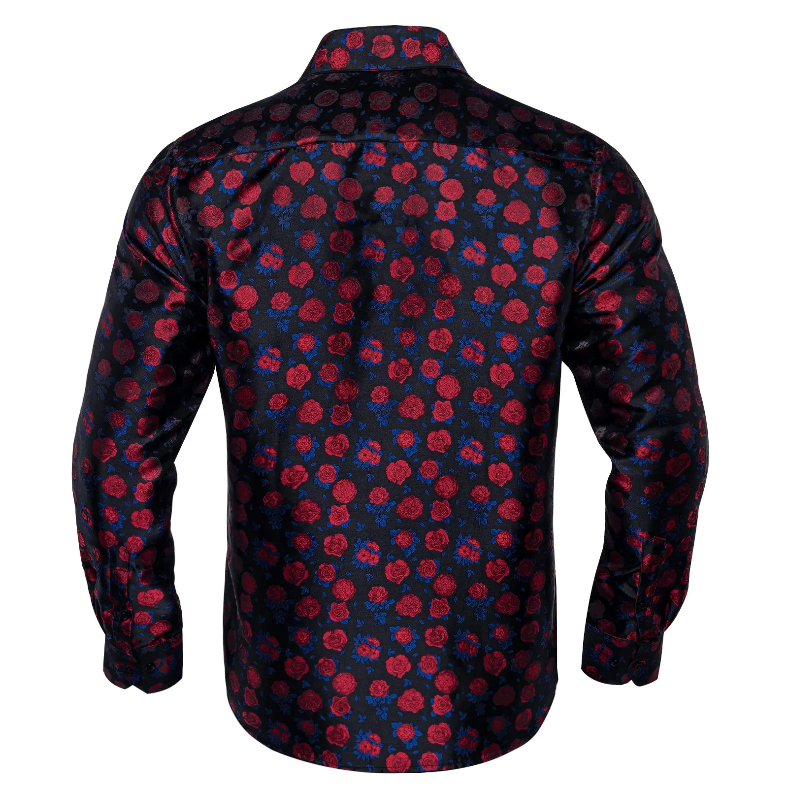 Black Red Rose Floral Silk Men's Long Sleeve Shirt