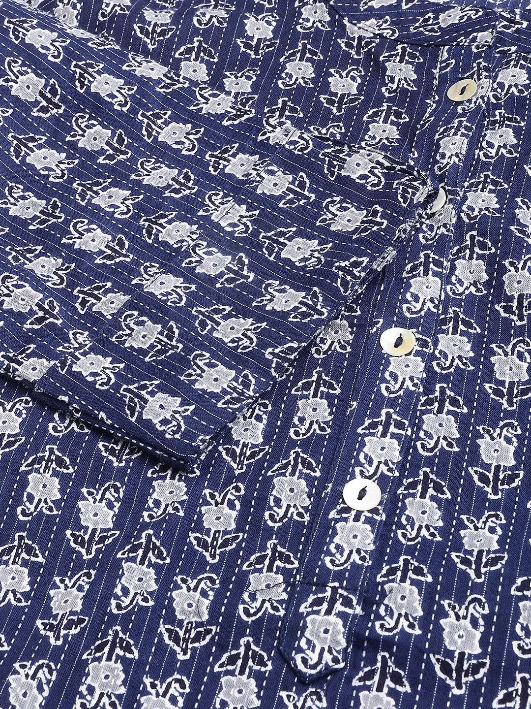 Blue And Gray Cotton Katha Work Straight Kurta