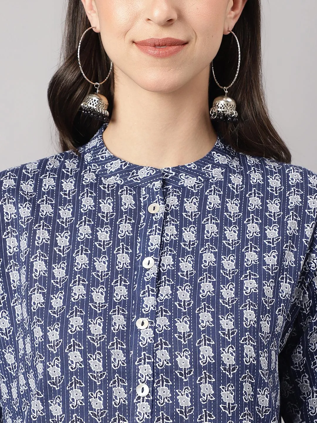 Blue And Gray Cotton Katha Work Straight Kurta