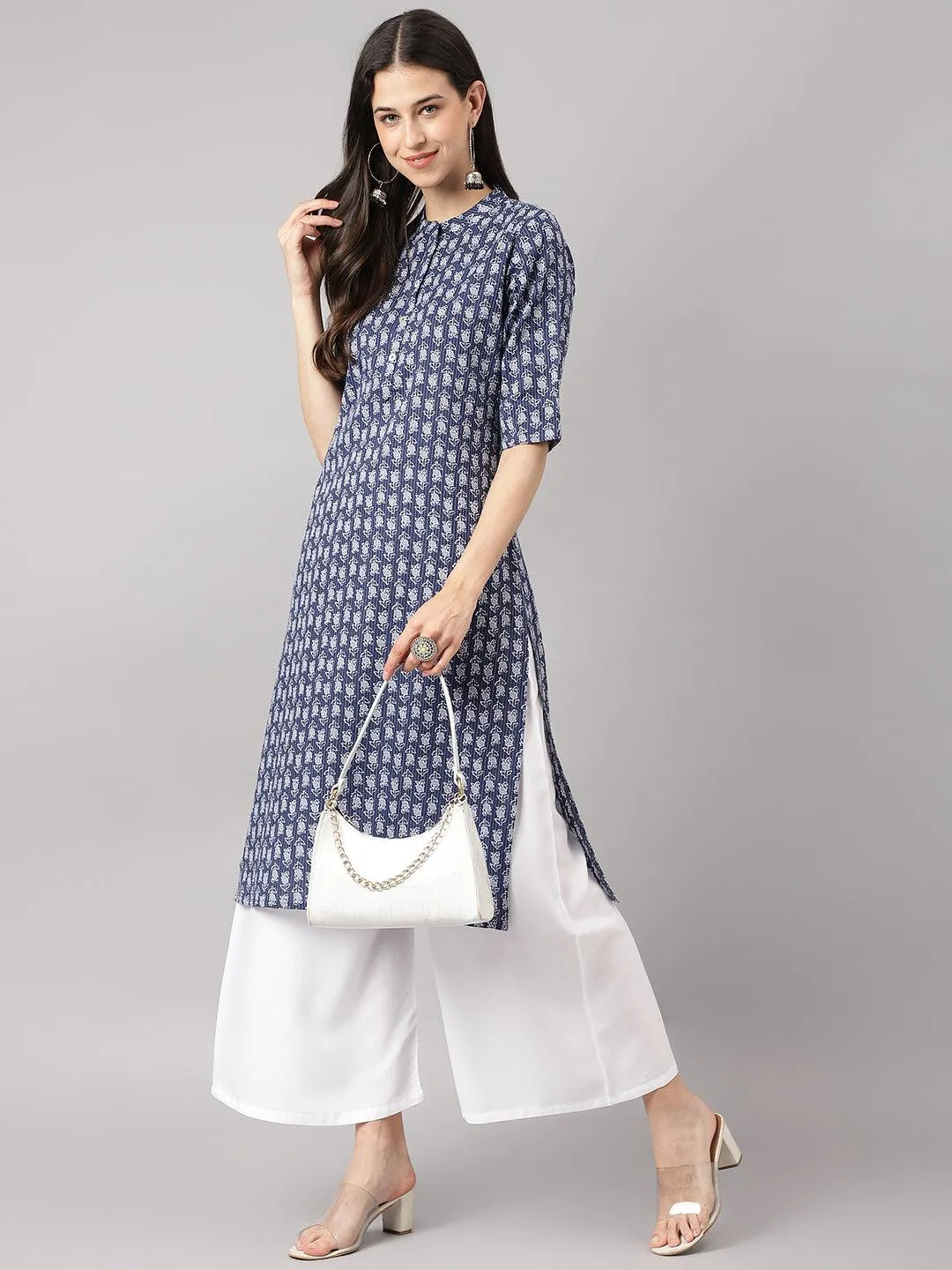 Blue And Gray Cotton Katha Work Straight Kurta