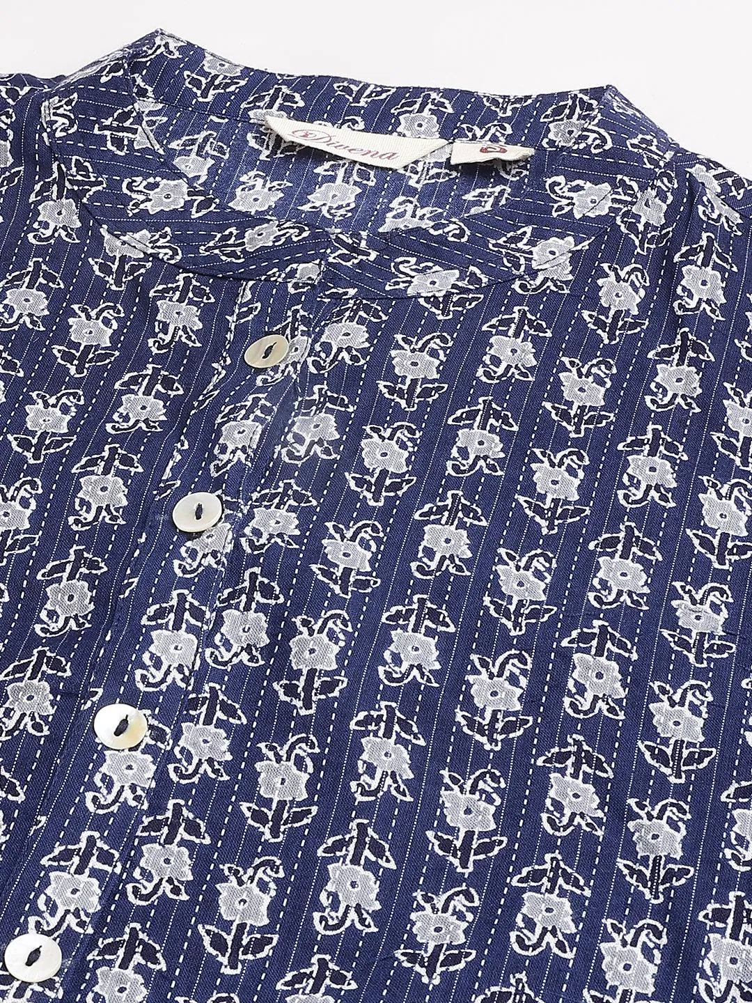 Blue And Gray Cotton Katha Work Straight Kurta