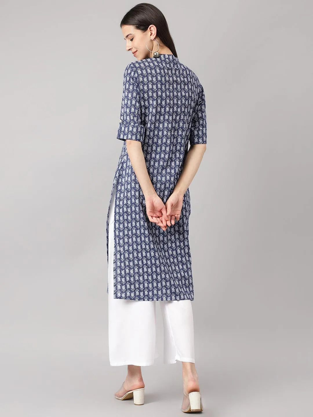 Blue And Gray Cotton Katha Work Straight Kurta