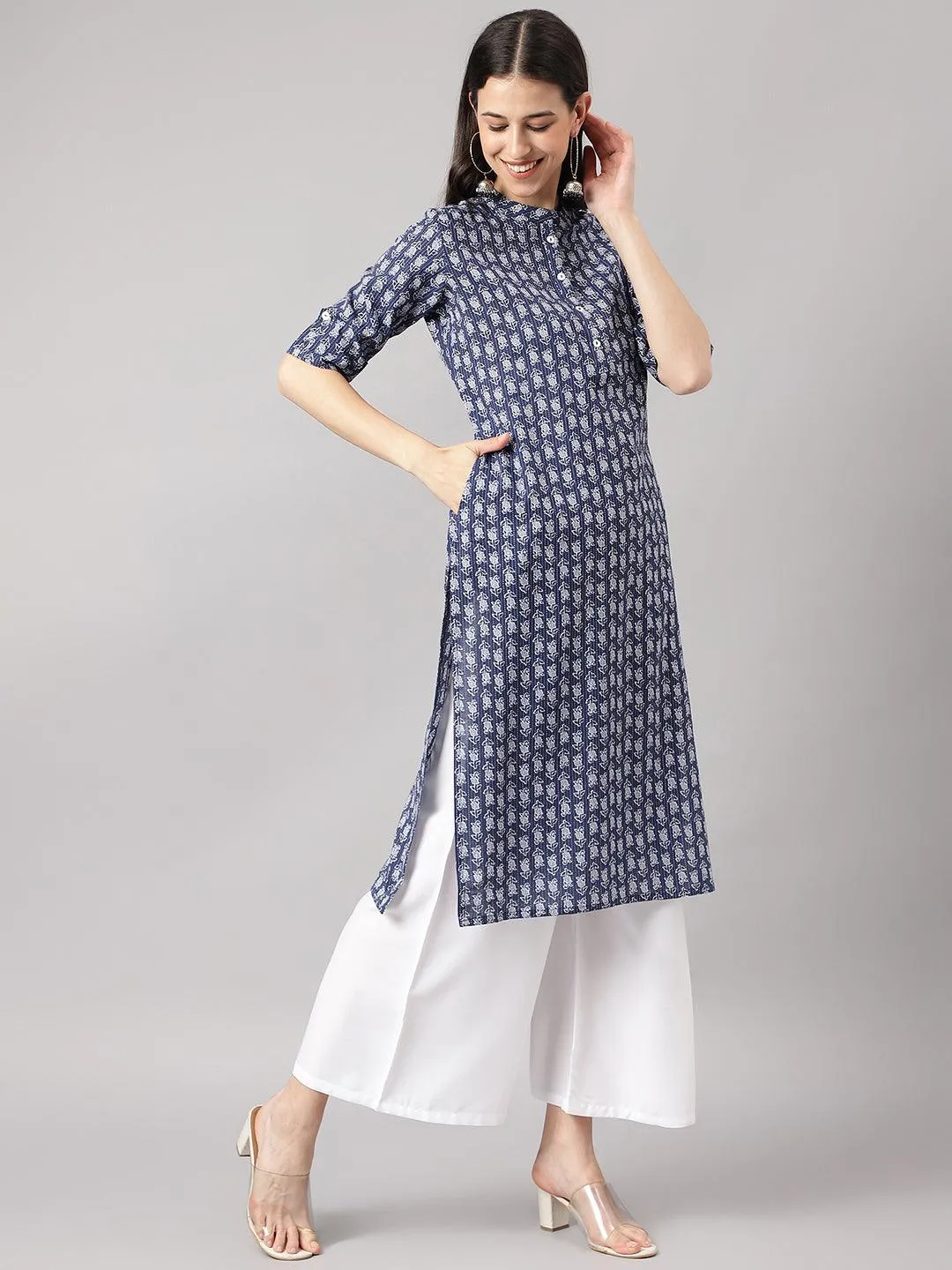 Blue And Gray Cotton Katha Work Straight Kurta