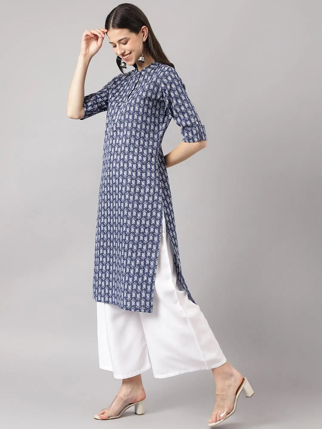 Blue And Gray Cotton Katha Work Straight Kurta