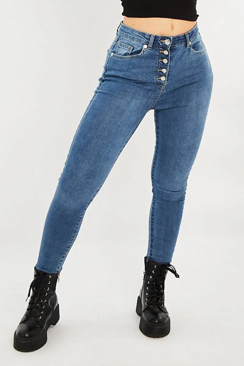 Blue Button Fly Skinny Jeans - Ellah