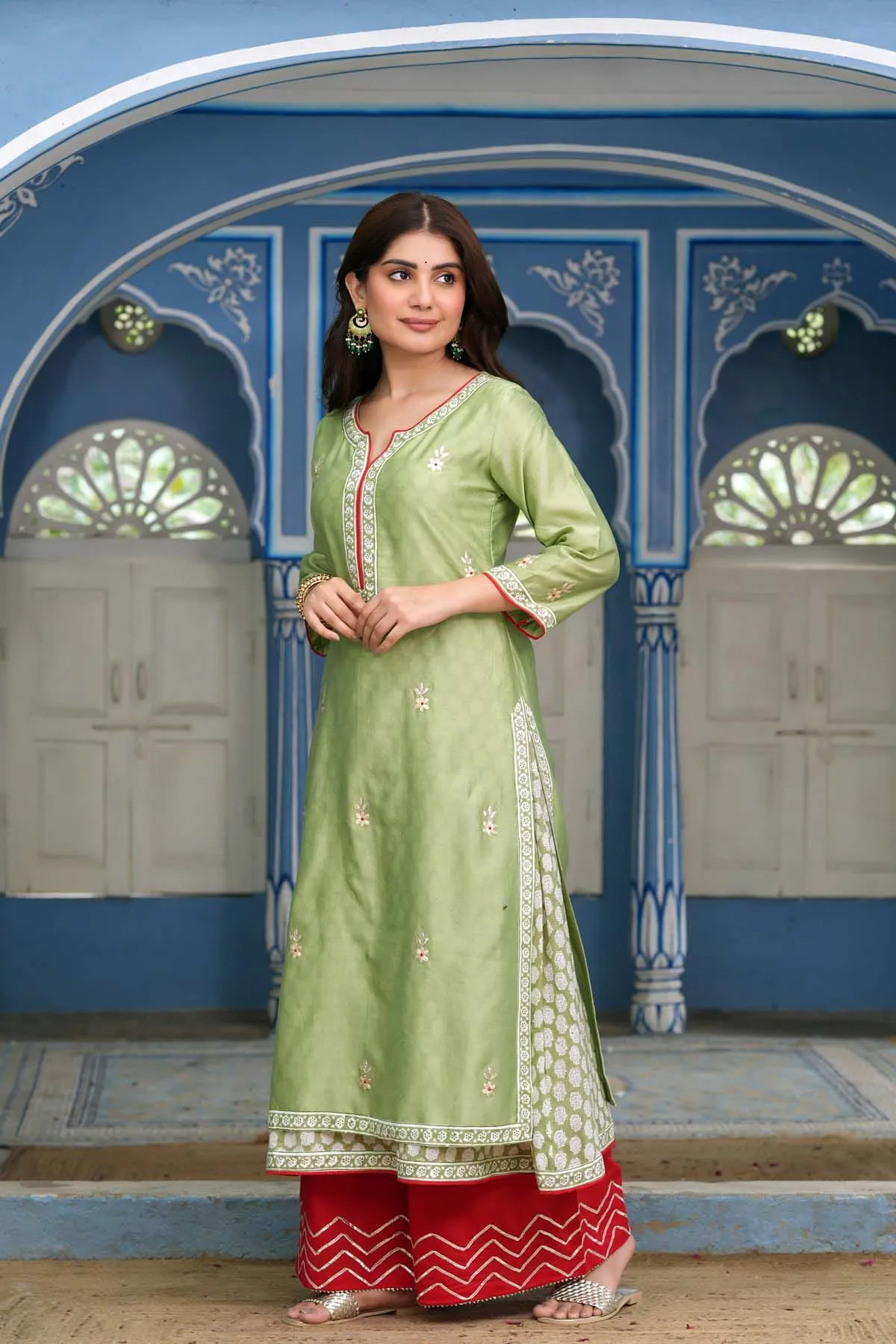 Double Layer Chanderi Kurta In Sea Green Color