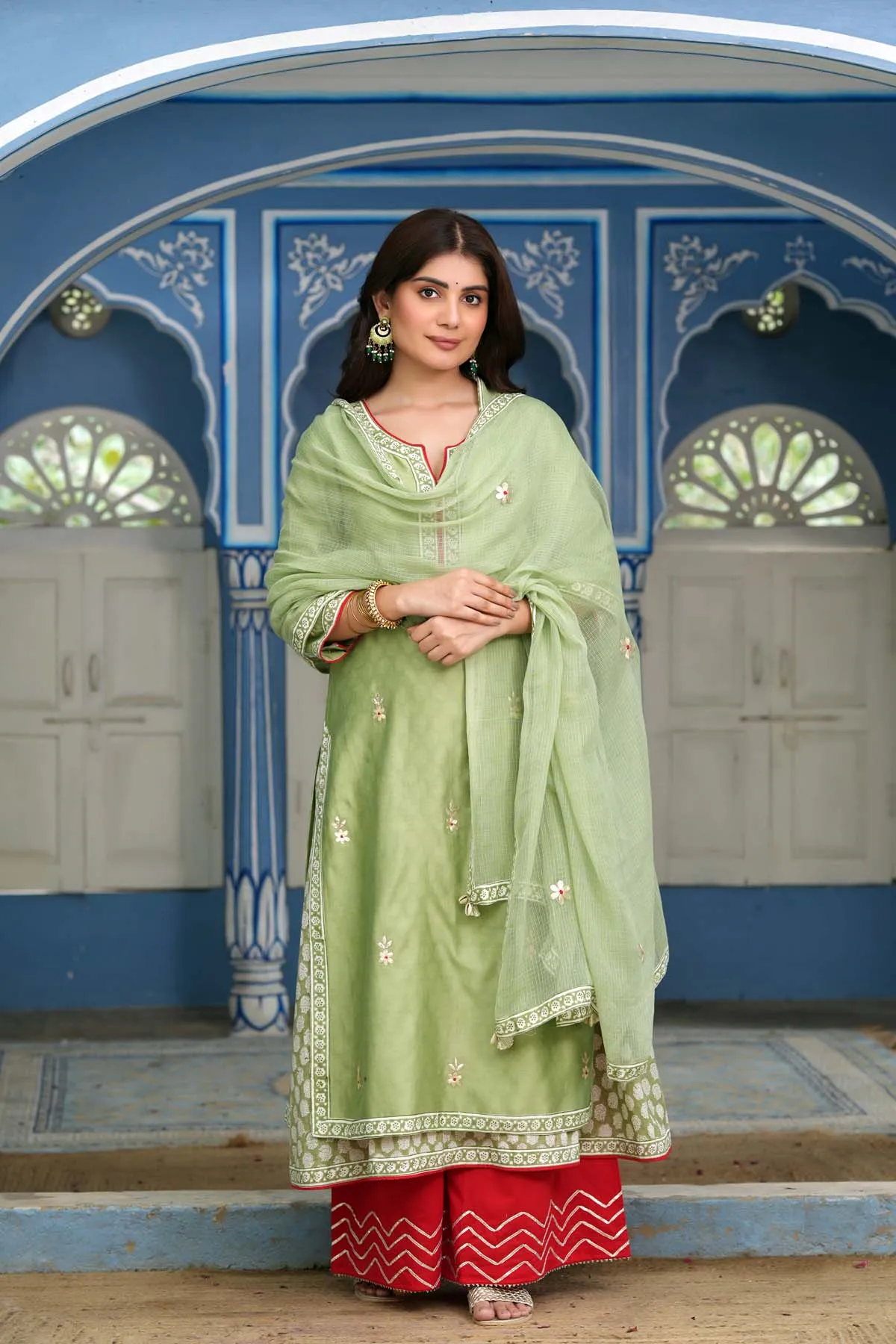 Double Layer Chanderi Kurta In Sea Green Color