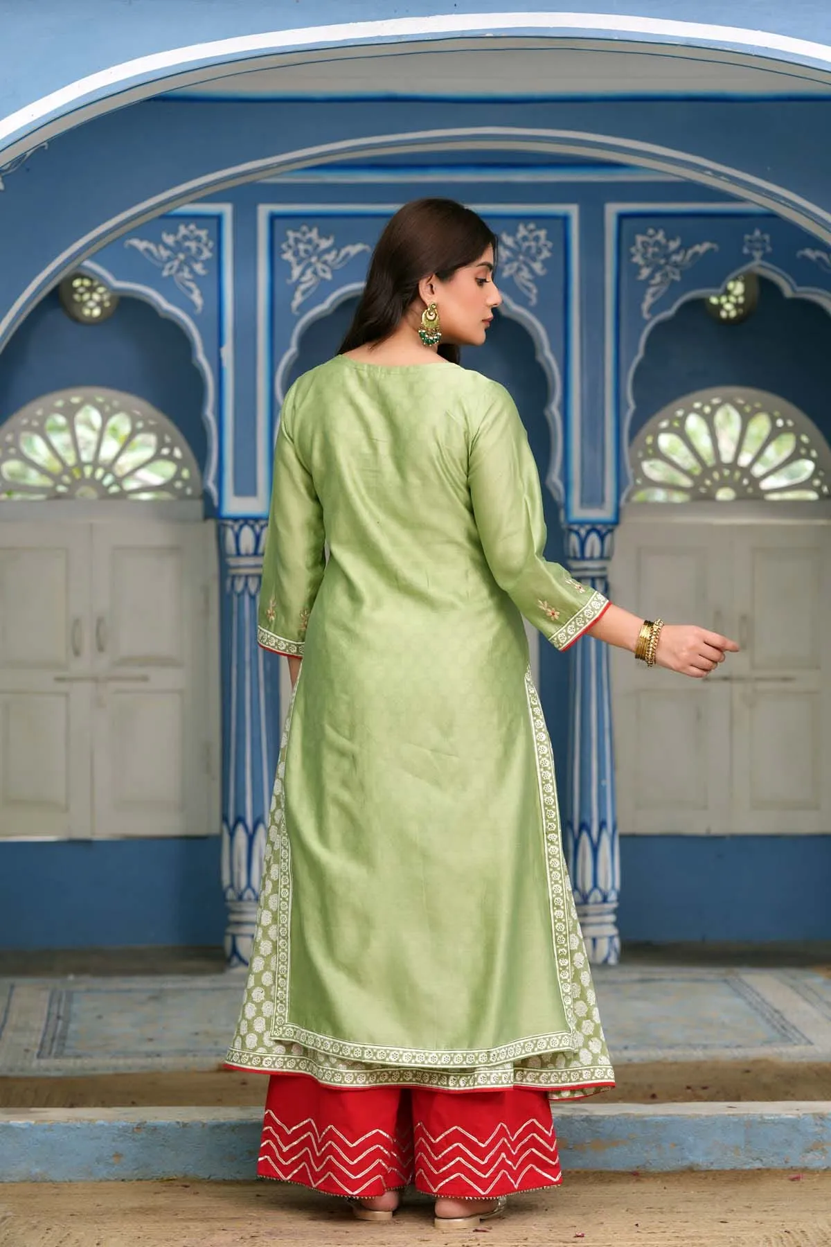 Double Layer Chanderi Kurta In Sea Green Color