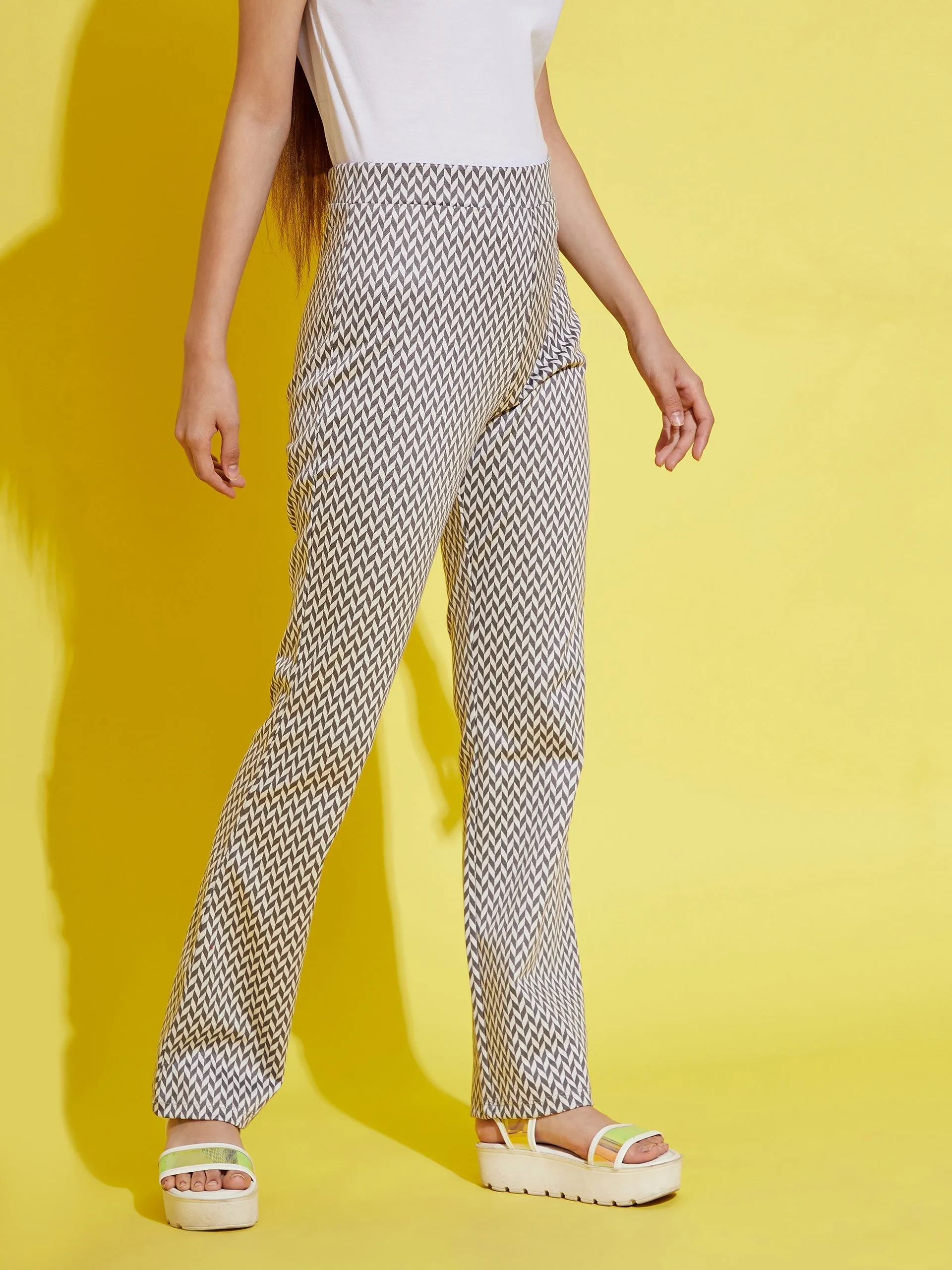 Girls White & Grey Herringbone Boot Leg Pants