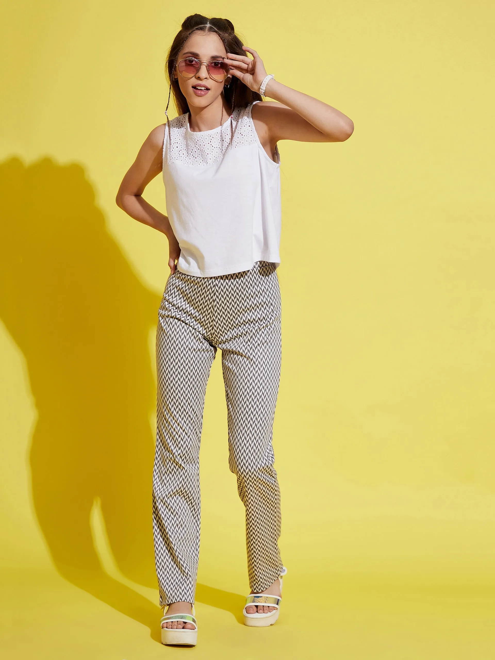 Girls White & Grey Herringbone Boot Leg Pants