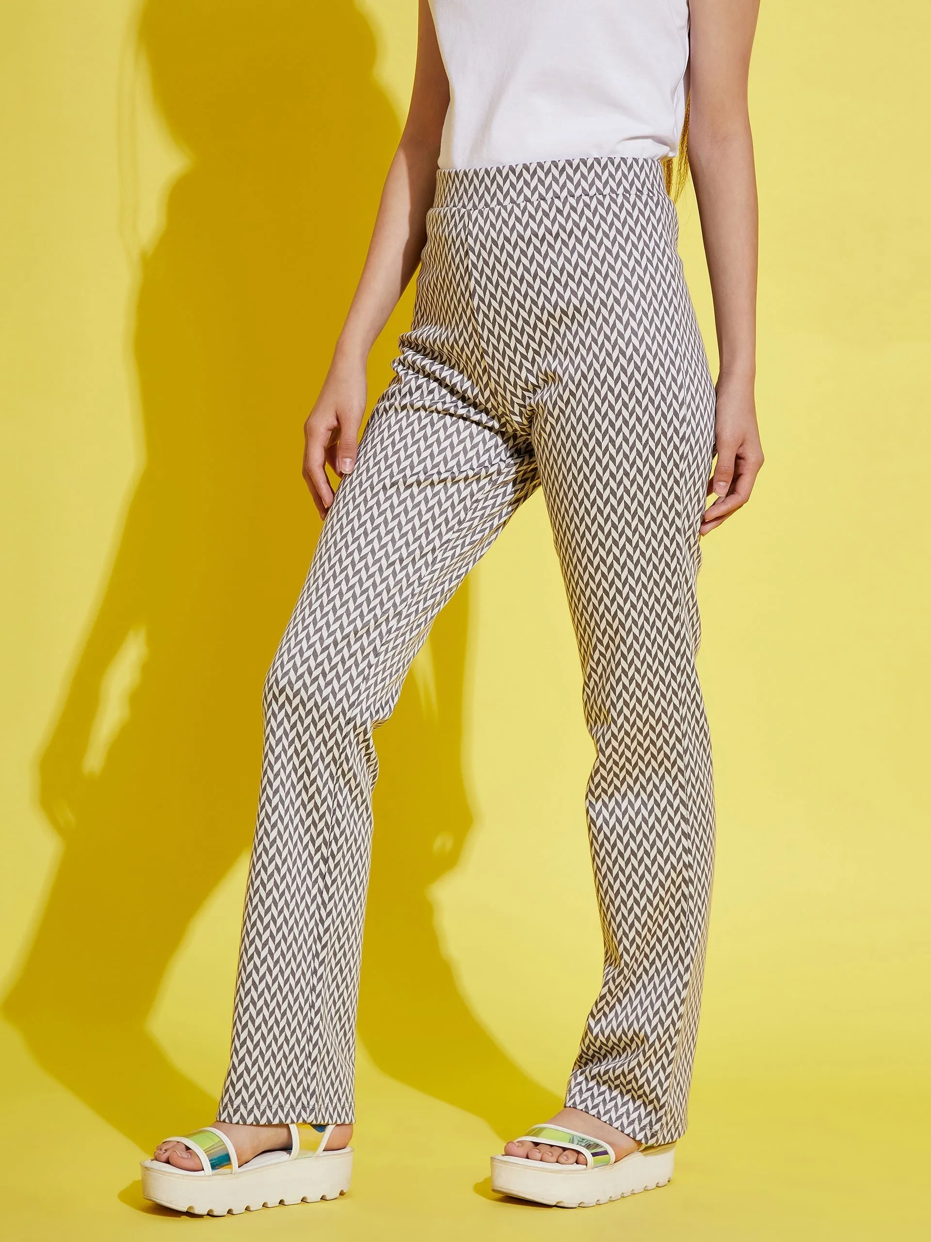 Girls White & Grey Herringbone Boot Leg Pants