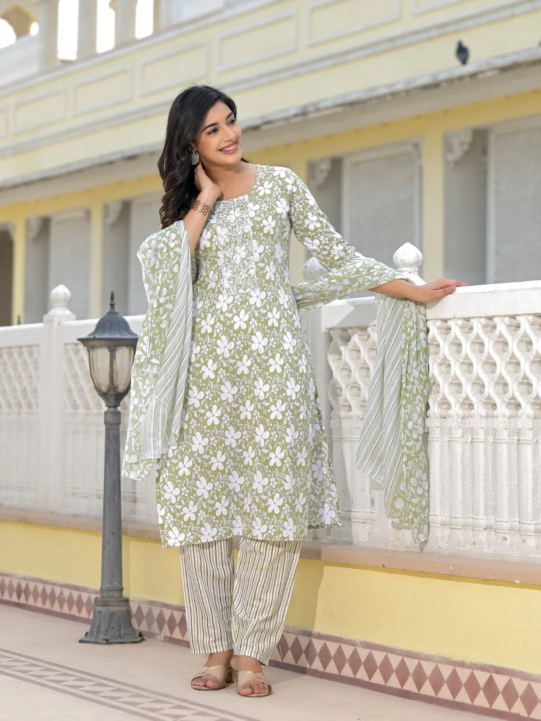 Green Floral Printed Cotton Kurta, Pant And Dupatta Set With Thread & Mirror Work