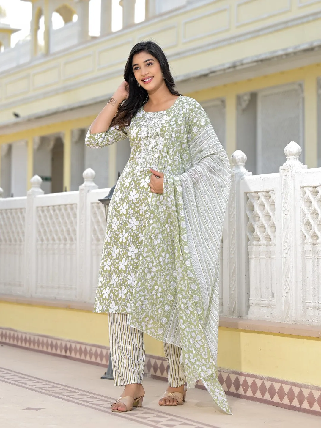 Green Floral Printed Cotton Kurta, Pant And Dupatta Set With Thread & Mirror Work