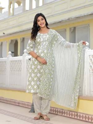 Green Floral Printed Cotton Kurta, Pant And Dupatta Set With Thread & Mirror Work