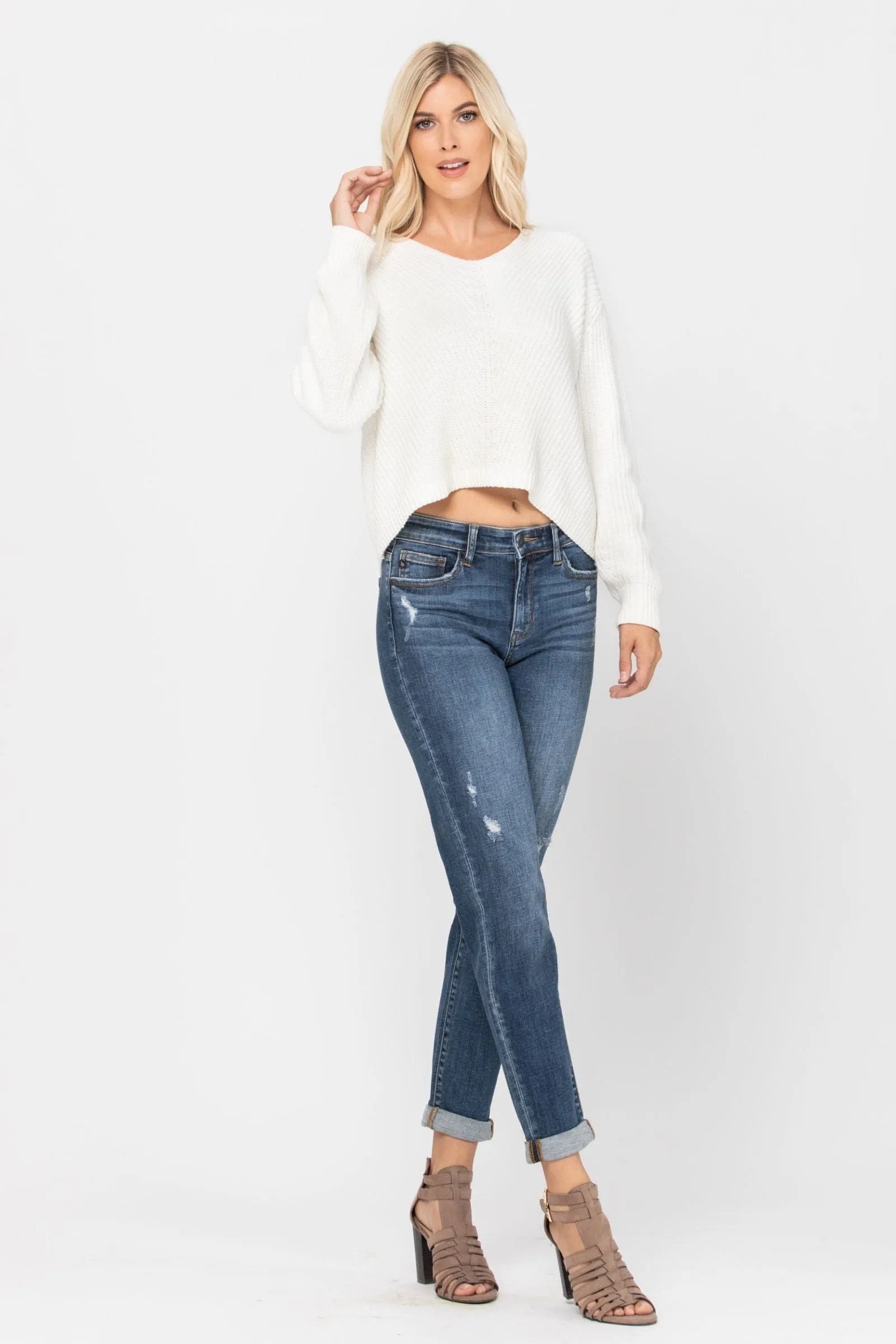 Judy Blue Destroyed Cuffed Slim Fit Denim Mid Rise 82204