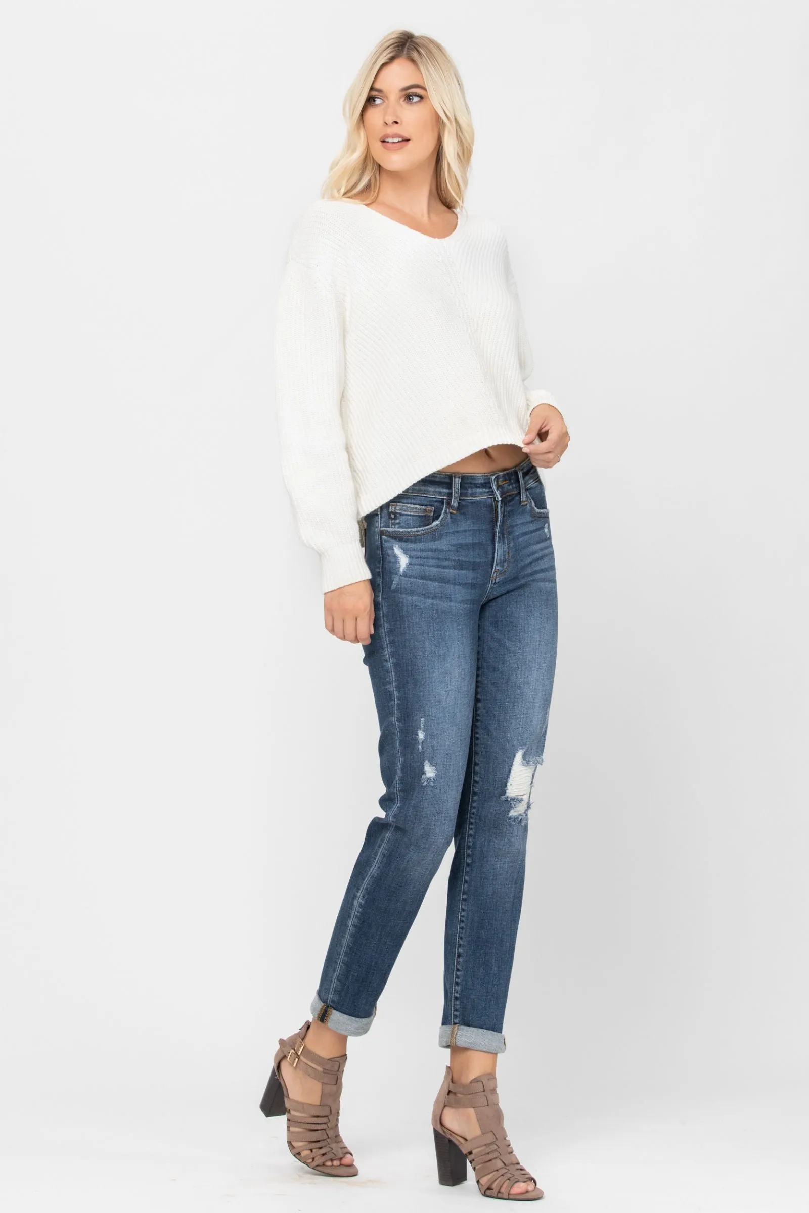 Judy Blue Destroyed Cuffed Slim Fit Denim Mid Rise 82204