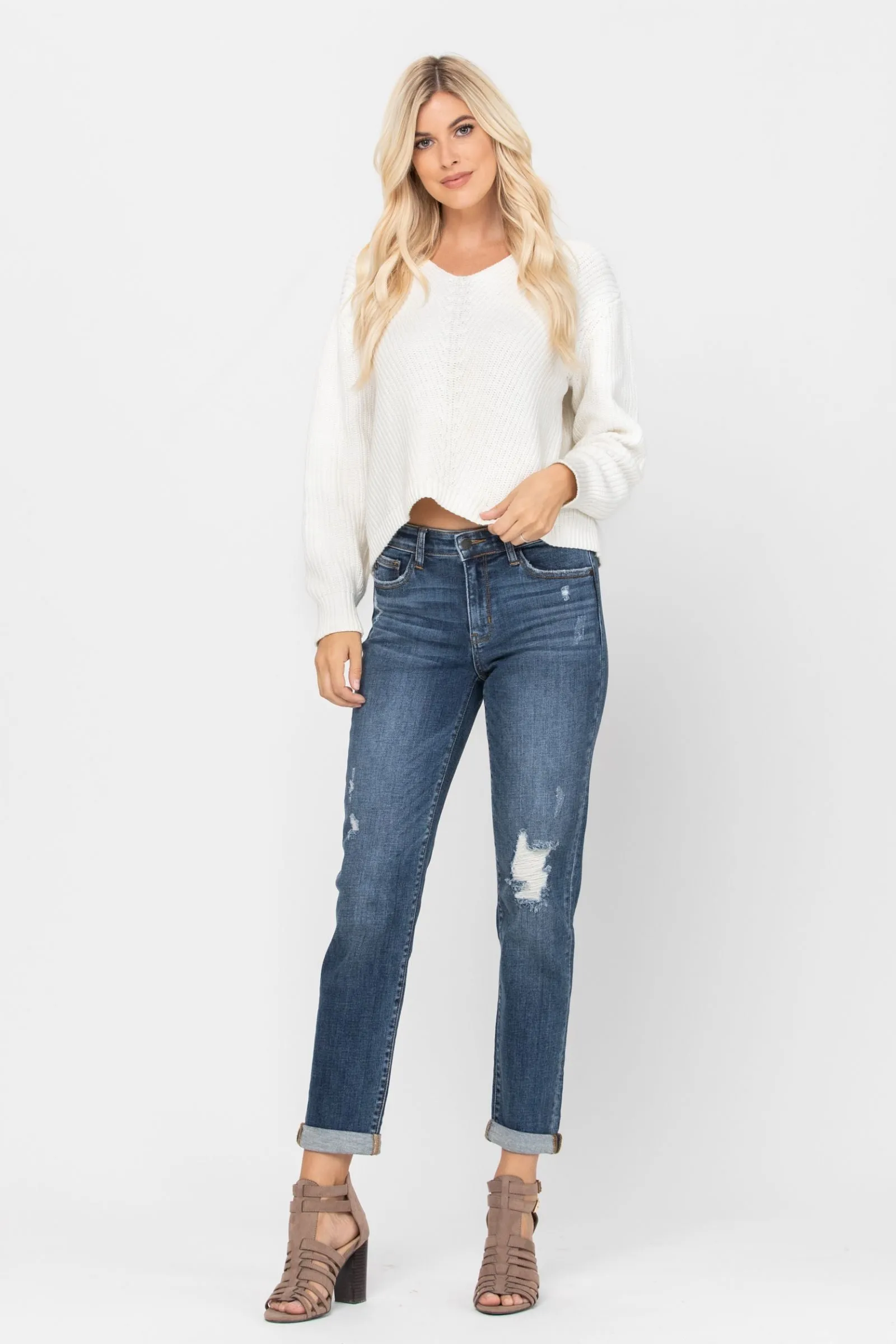 Judy Blue Destroyed Cuffed Slim Fit Denim Mid Rise 82204