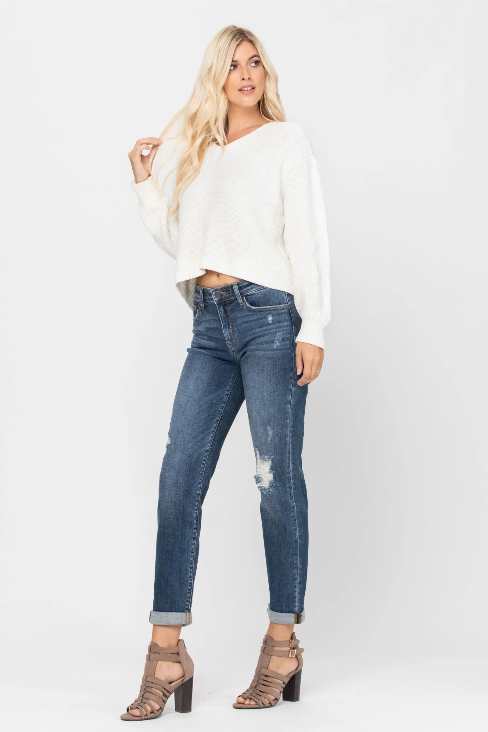 Judy Blue Destroyed Cuffed Slim Fit Denim Mid Rise 82204