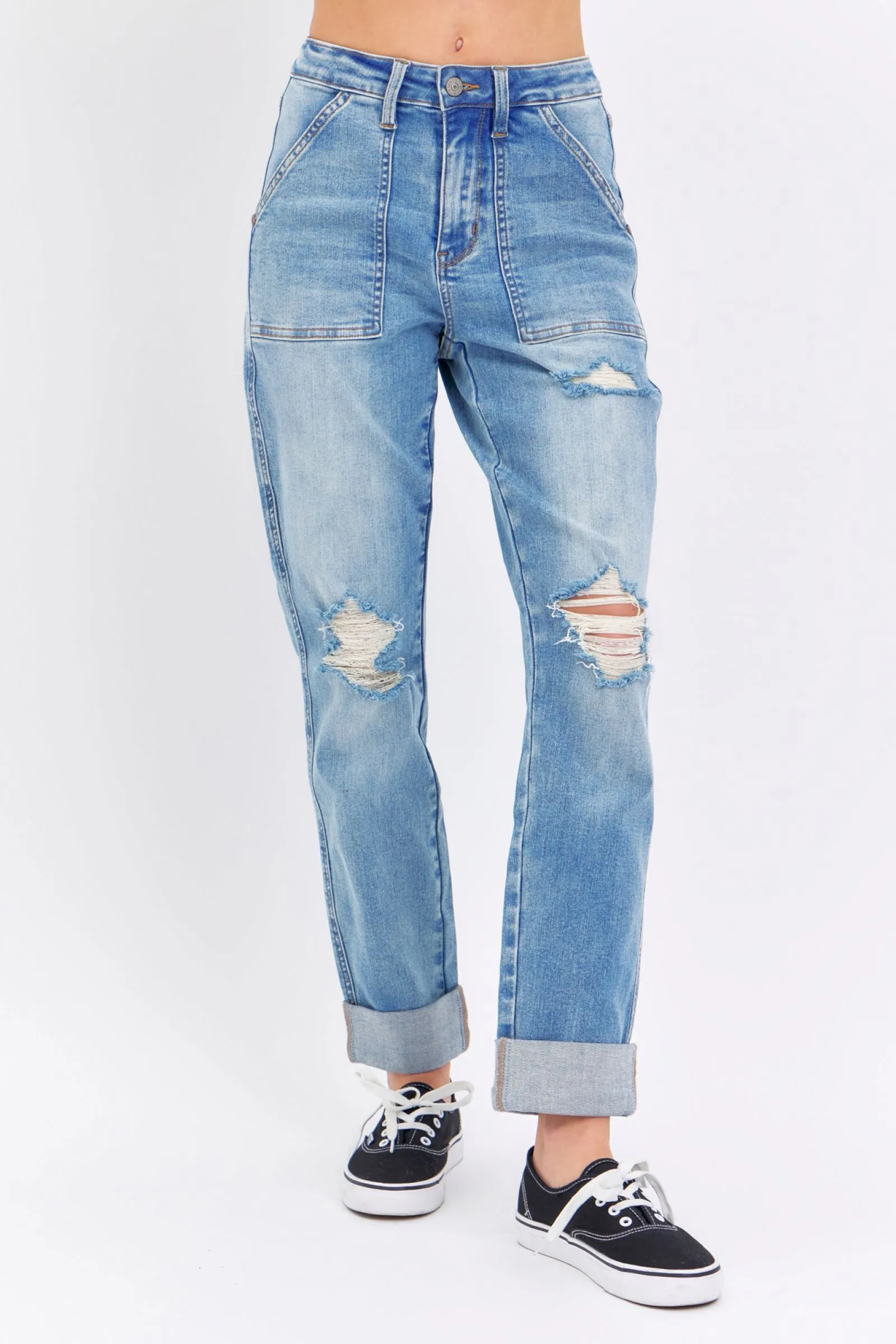 Judy Blue High Waist Patch Pocket & Destroy Boyfriend Denim 88825