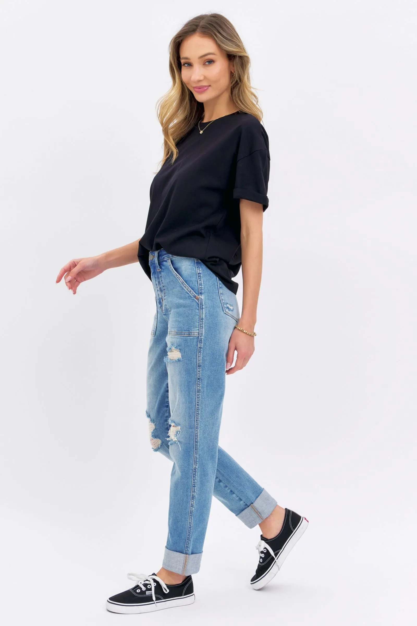 Judy Blue High Waist Patch Pocket & Destroy Boyfriend Denim 88825