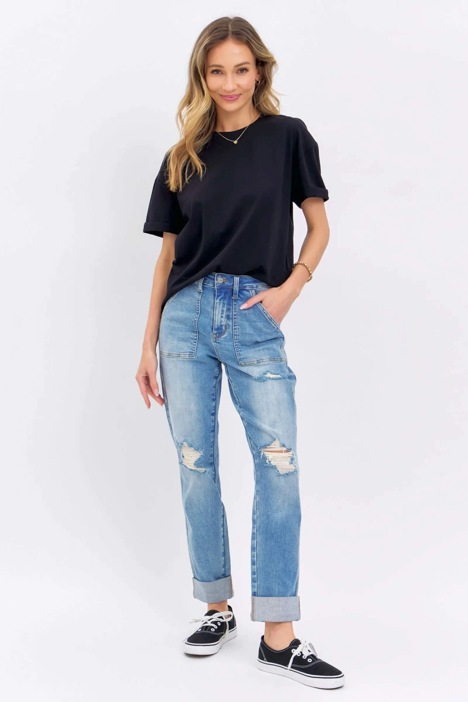Judy Blue High Waist Patch Pocket & Destroy Boyfriend Denim 88825