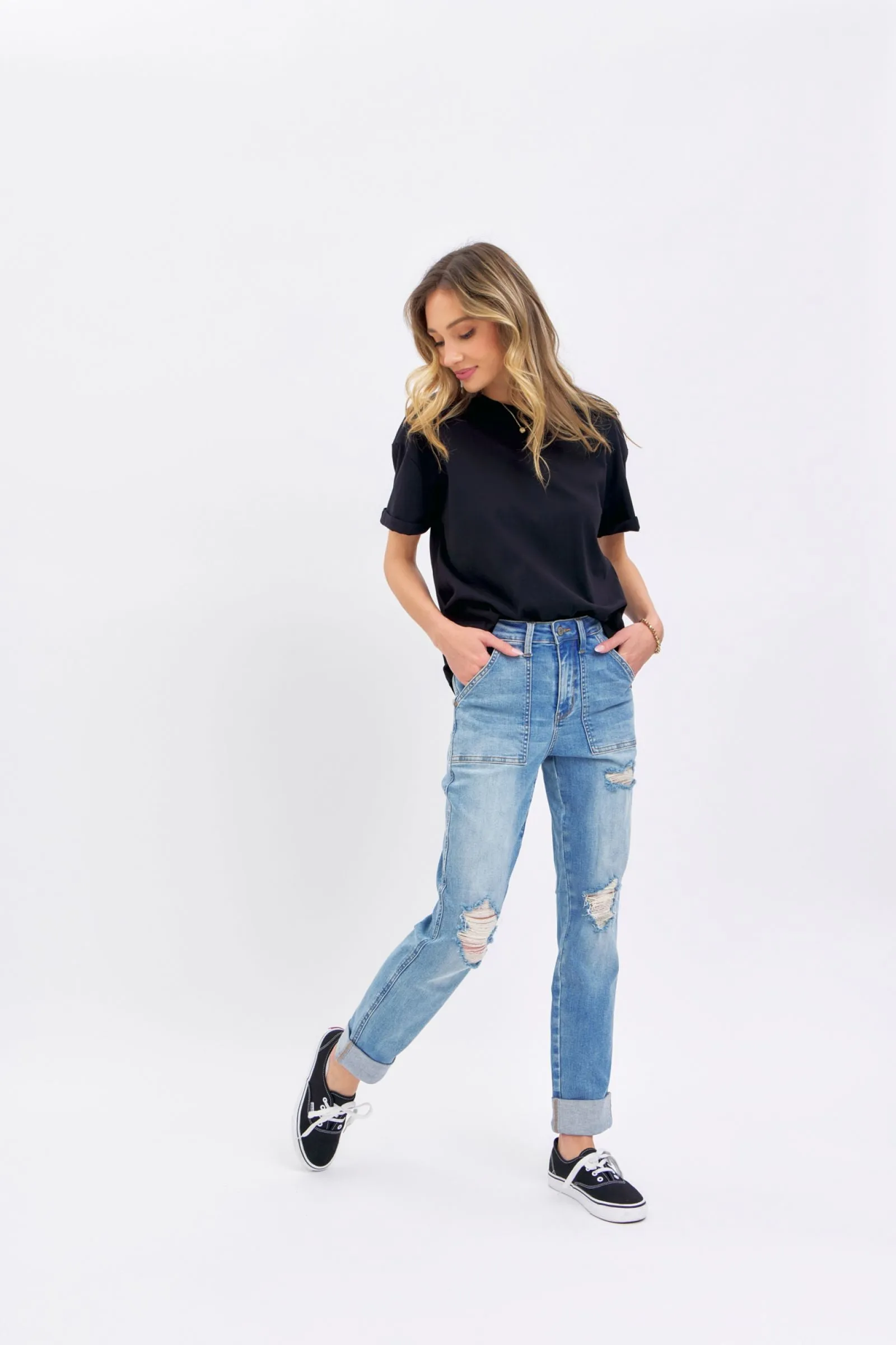 Judy Blue High Waist Patch Pocket & Destroy Boyfriend Denim 88825