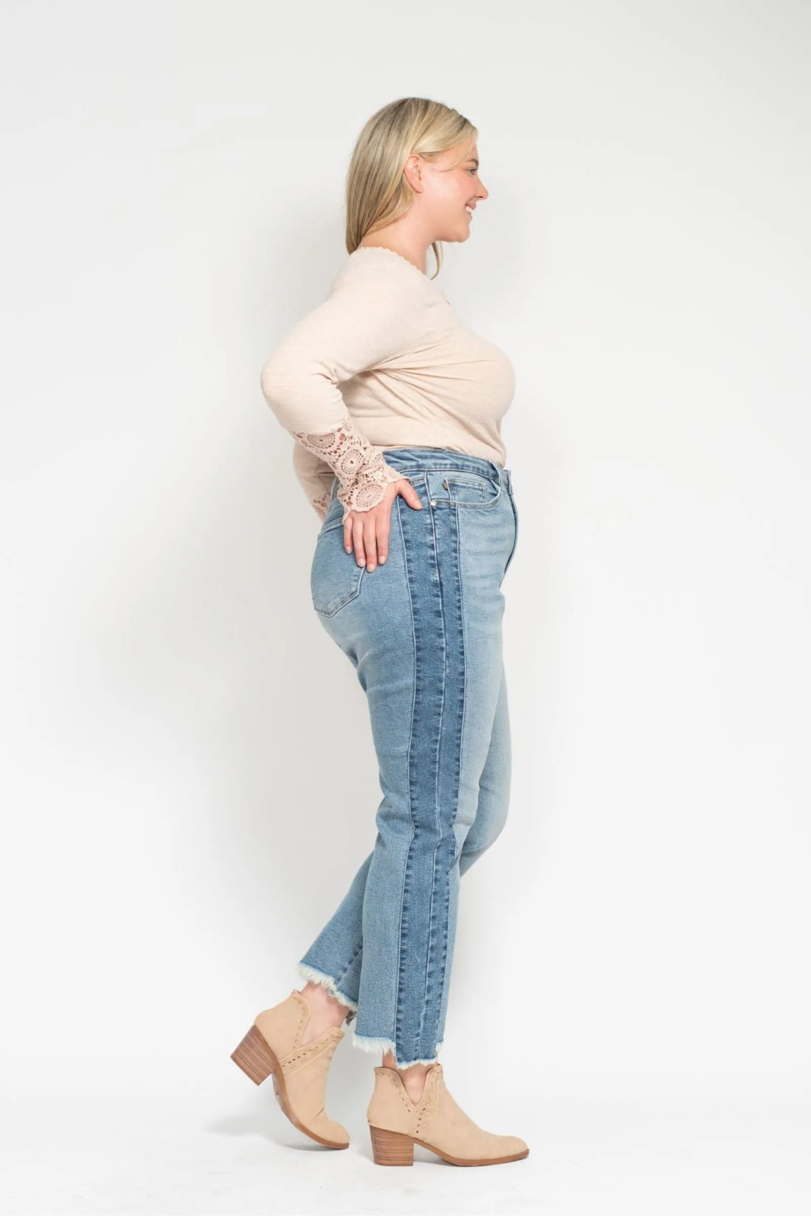 Judy Blue High Waist Vintage Wash Side Panel Detail & Hi Lo Fray Hem Slim Denim 88536