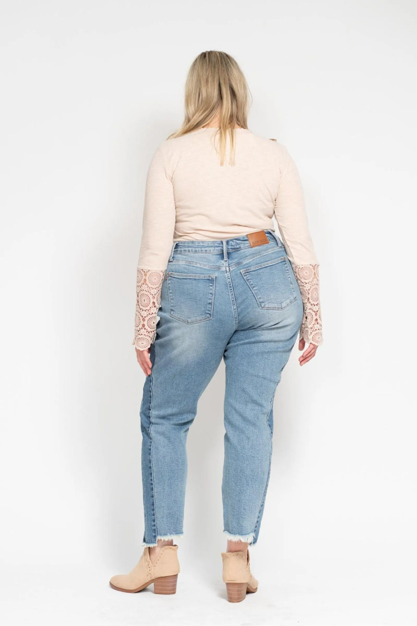 Judy Blue High Waist Vintage Wash Side Panel Detail & Hi Lo Fray Hem Slim Denim 88536