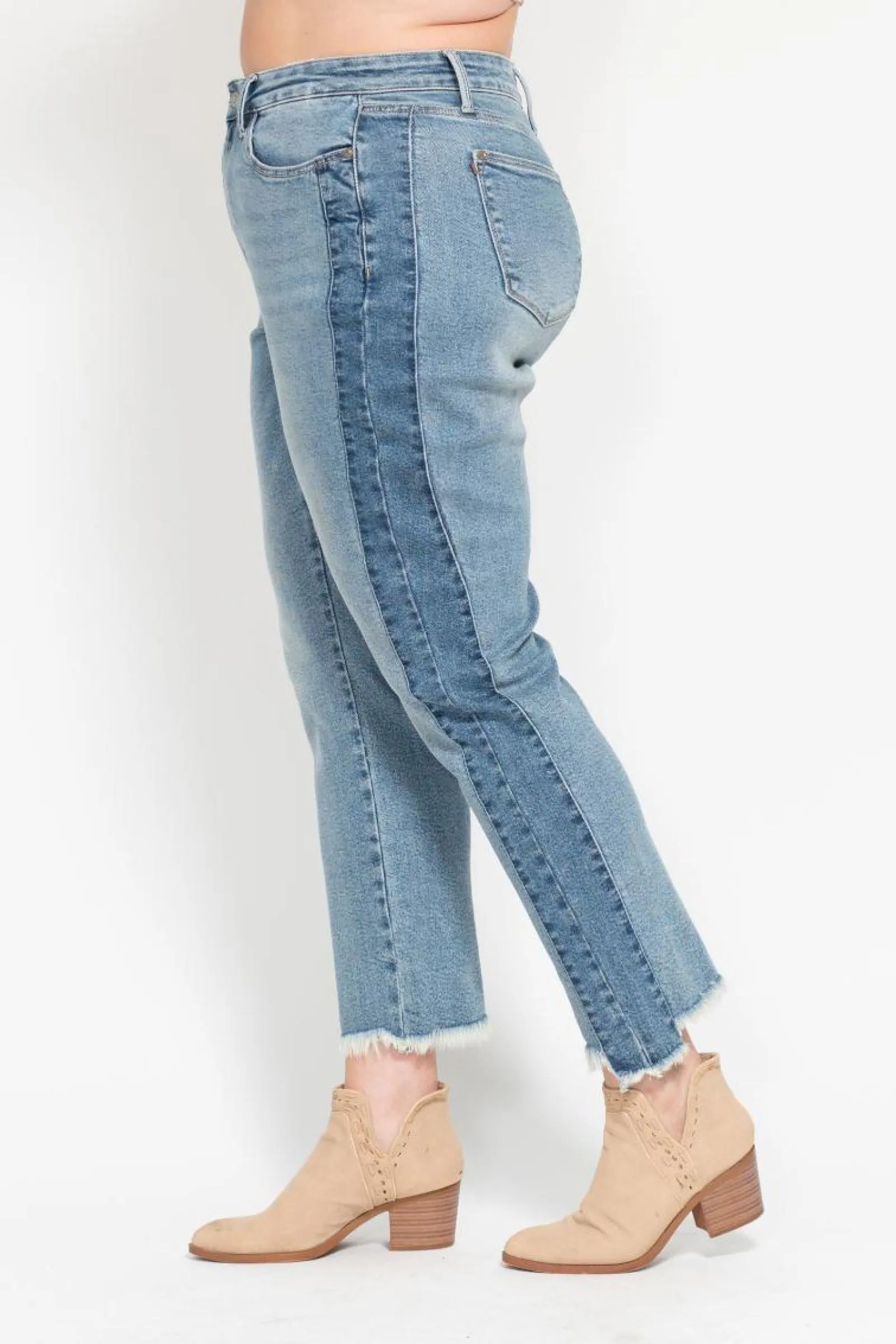 Judy Blue High Waist Vintage Wash Side Panel Detail & Hi Lo Fray Hem Slim Denim 88536