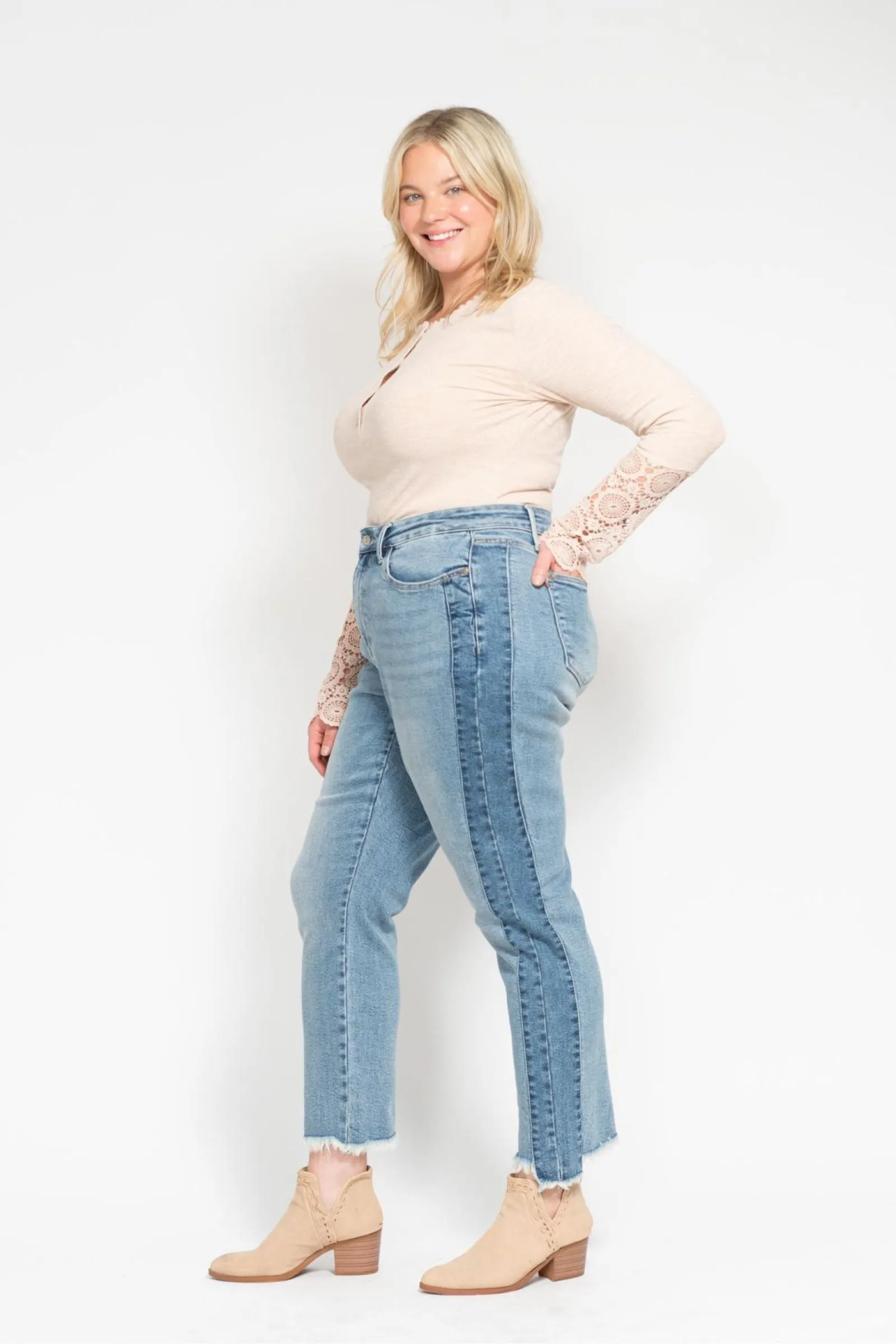 Judy Blue High Waist Vintage Wash Side Panel Detail & Hi Lo Fray Hem Slim Denim 88536