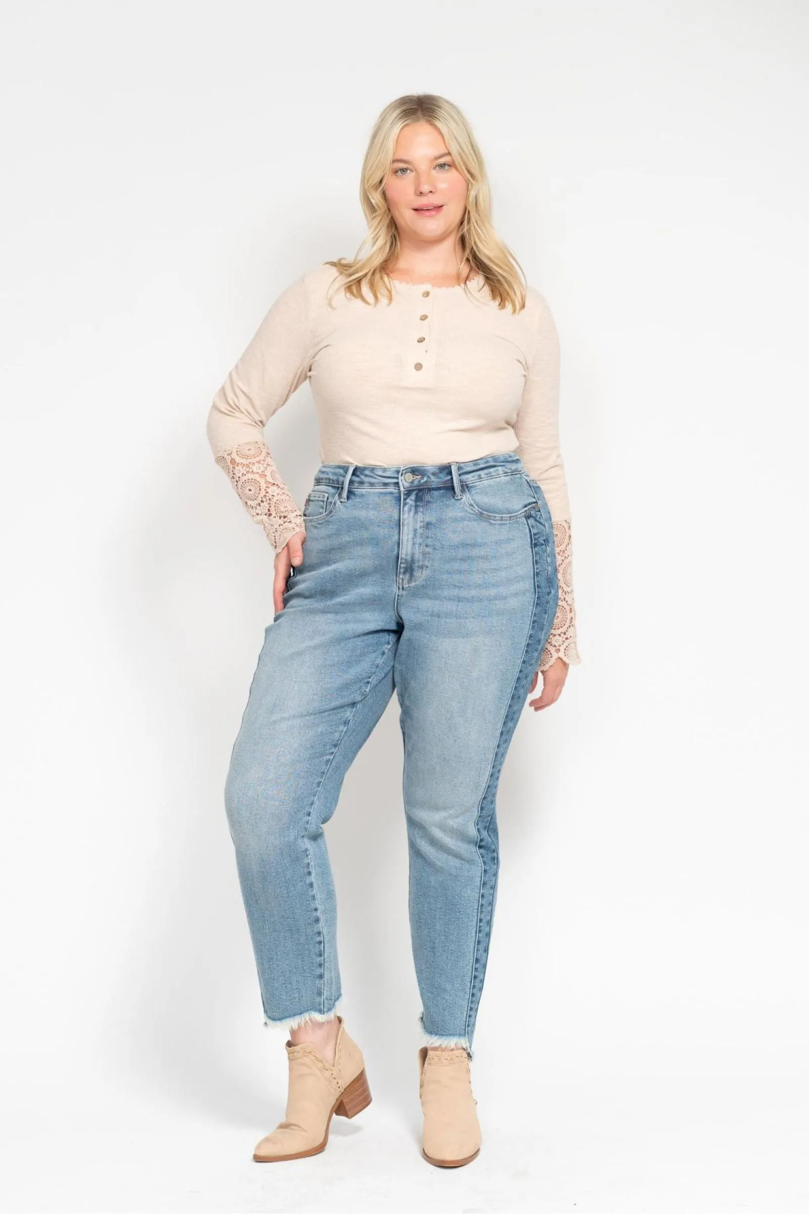 Judy Blue High Waist Vintage Wash Side Panel Detail & Hi Lo Fray Hem Slim Denim 88536