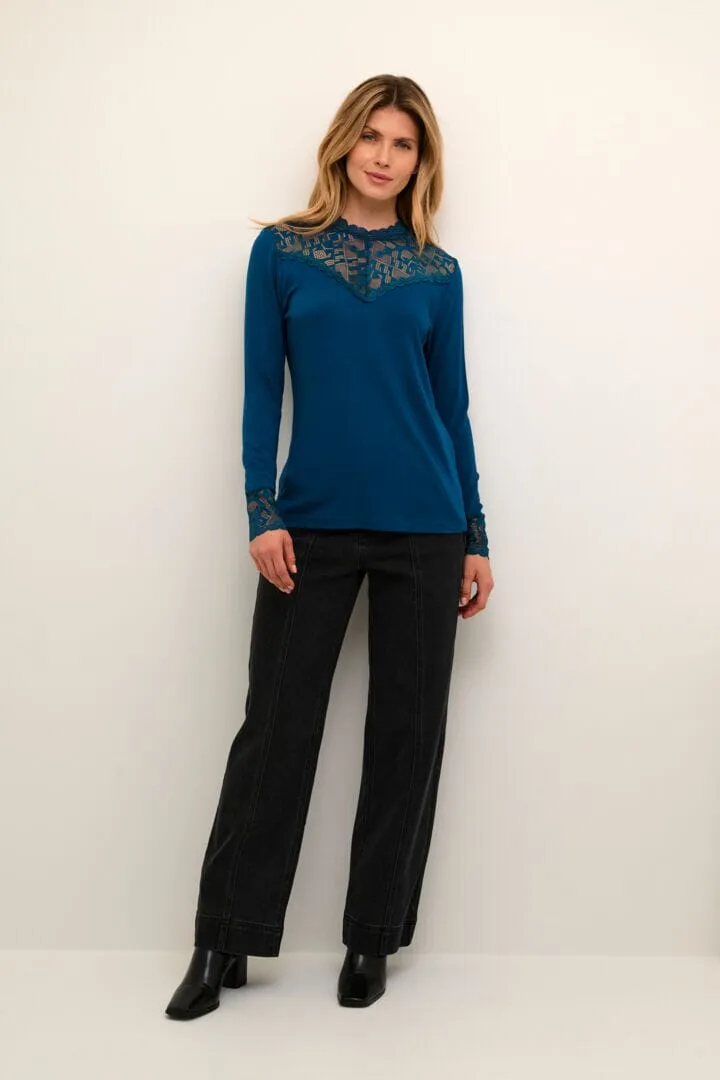 LACE EMBELLISHED  TEAL BLUE LONG SLEEVE TOP