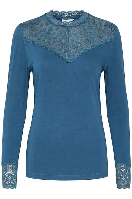 LACE EMBELLISHED  TEAL BLUE LONG SLEEVE TOP