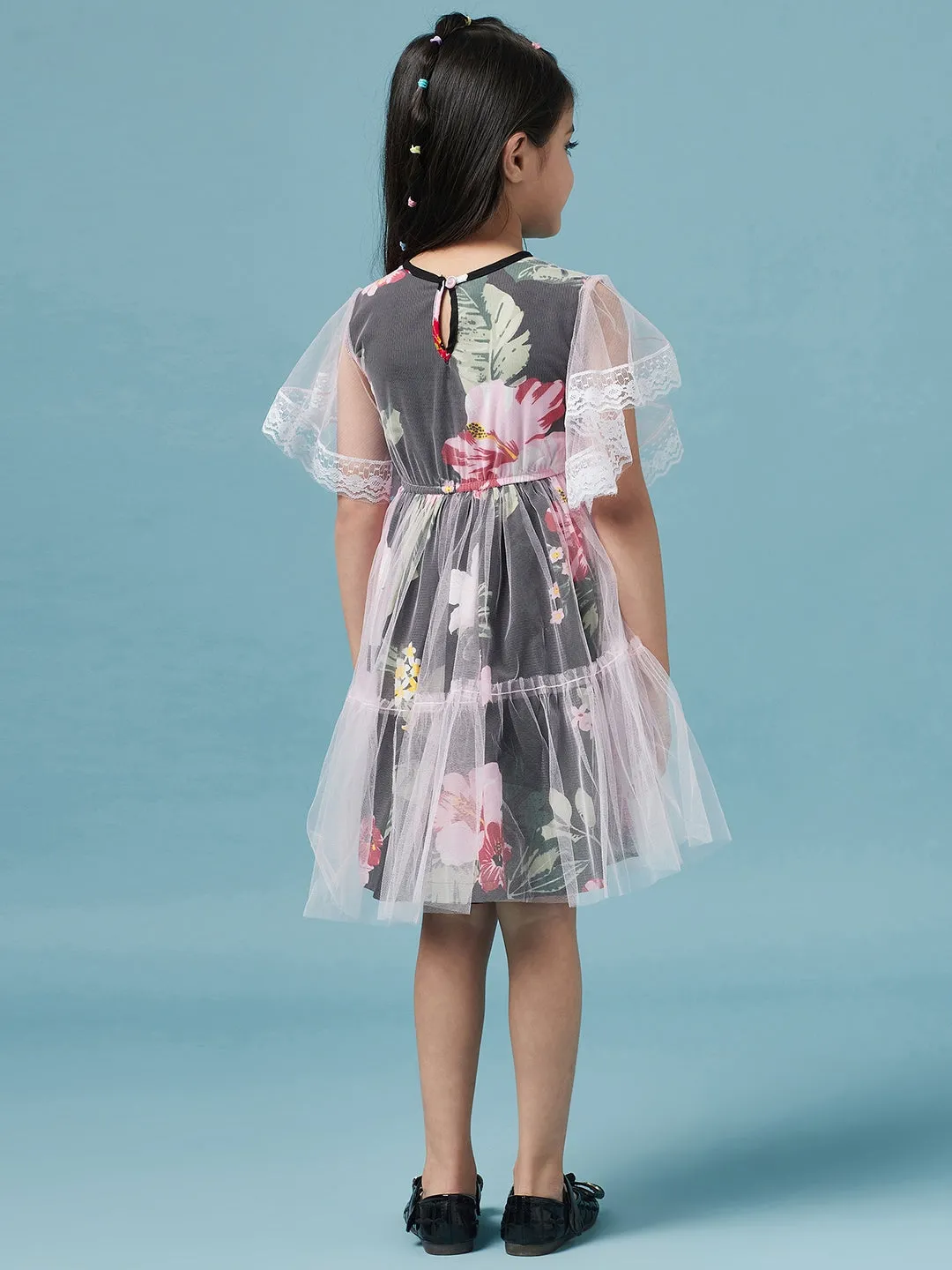 Lace Layered Floral Printed Fit Flare Dress