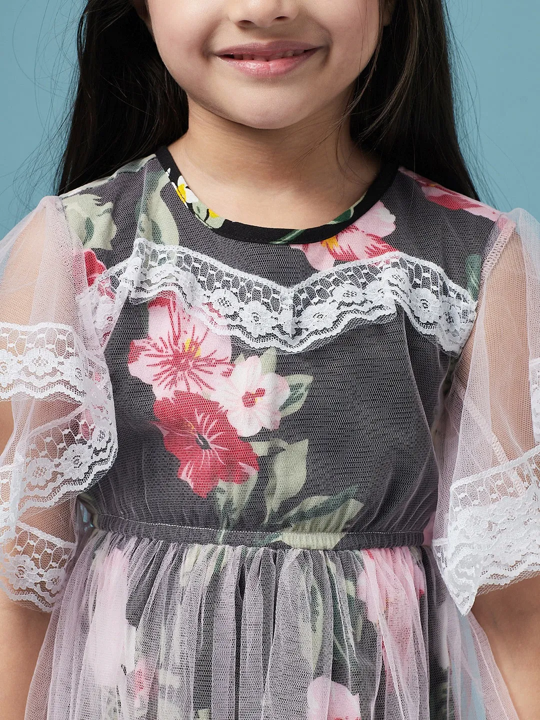 Lace Layered Floral Printed Fit Flare Dress