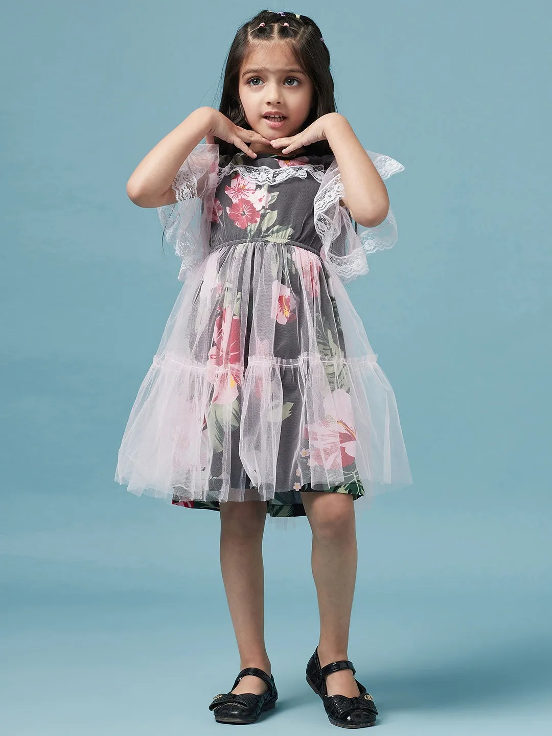 Lace Layered Floral Printed Fit Flare Dress