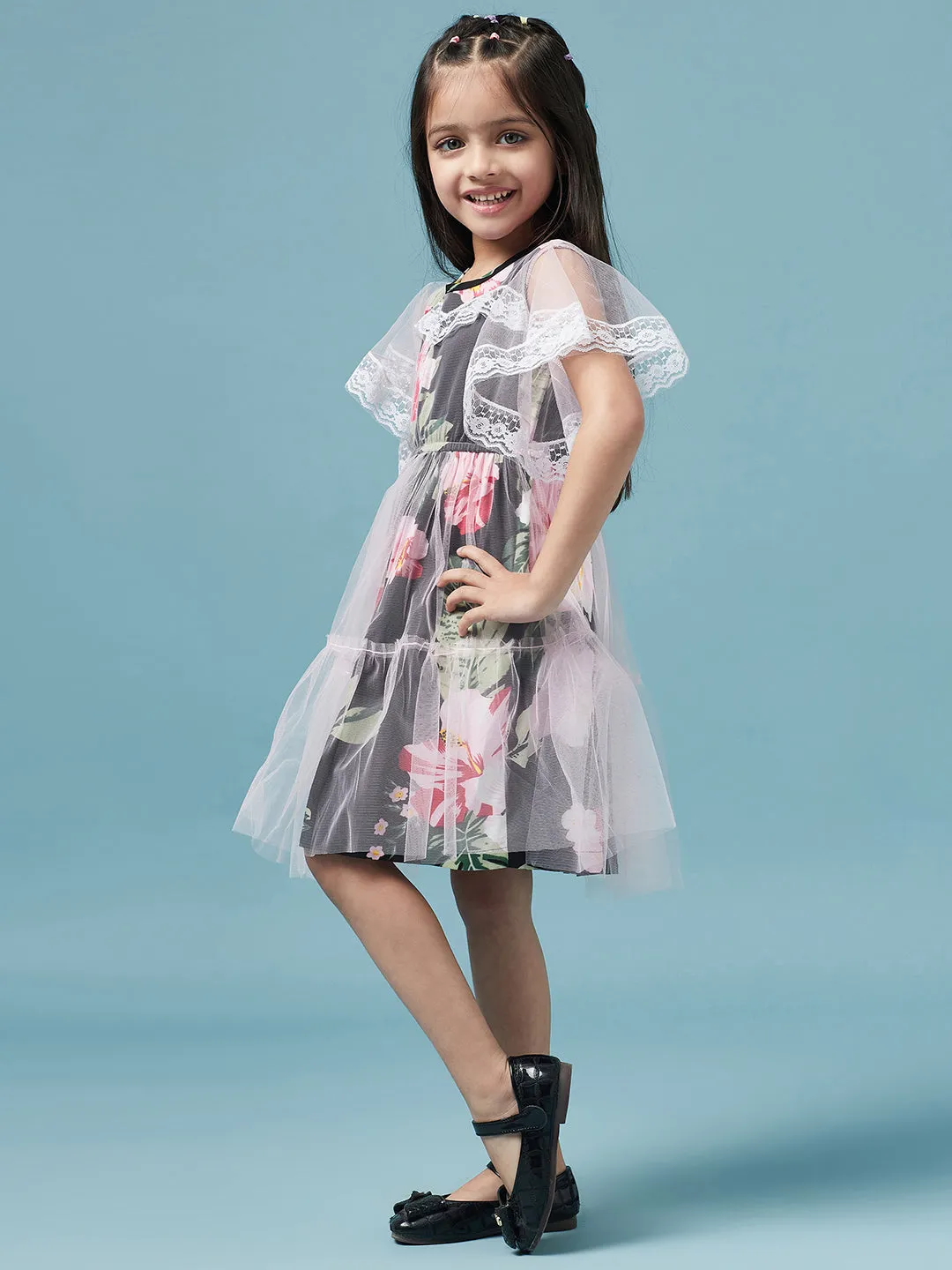 Lace Layered Floral Printed Fit Flare Dress