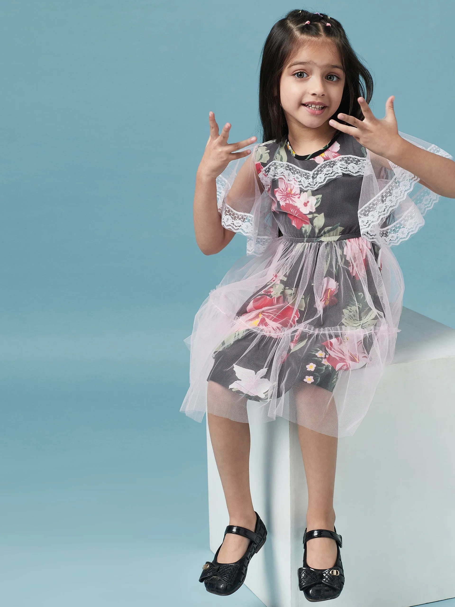 Lace Layered Floral Printed Fit Flare Dress
