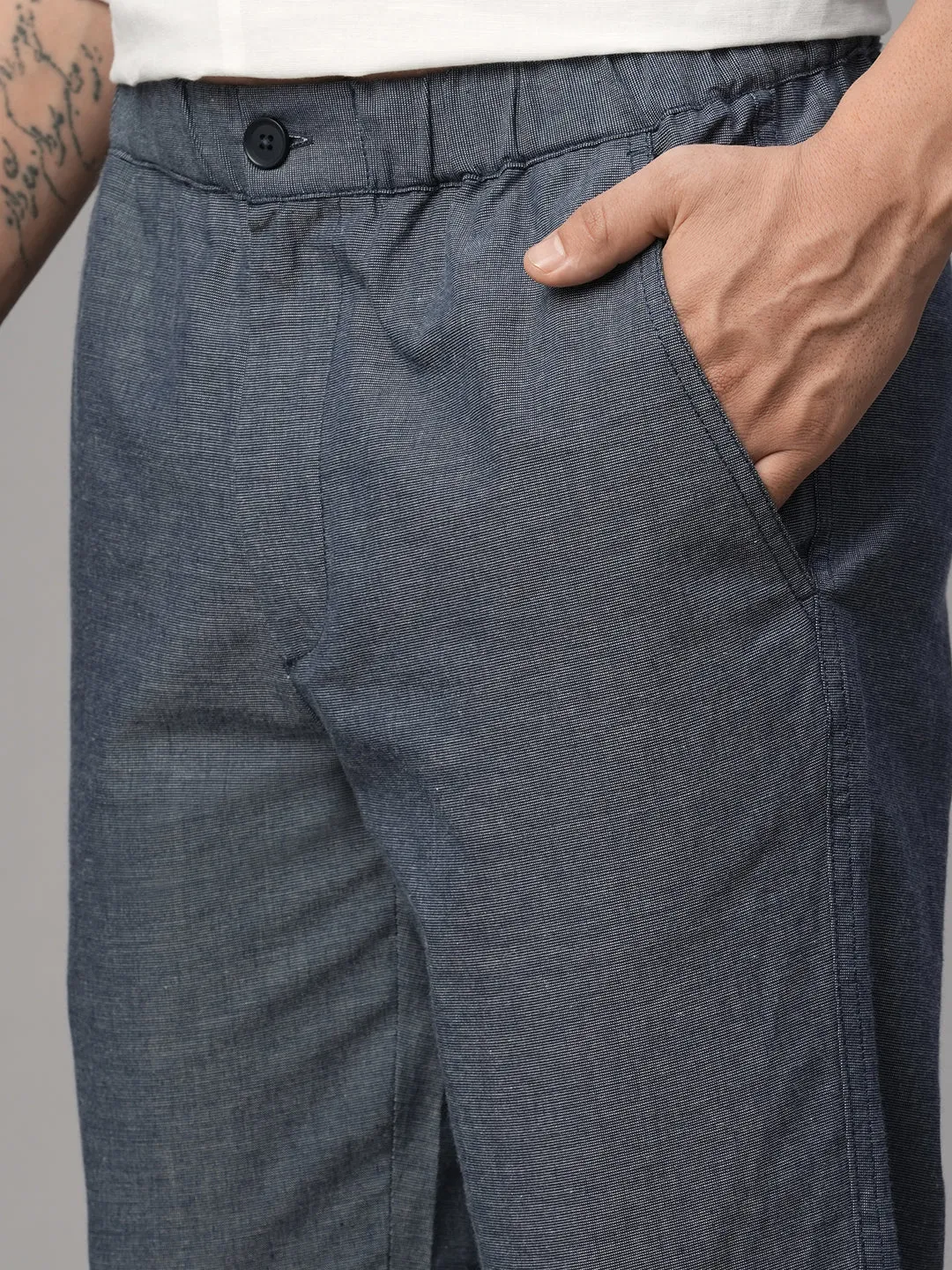 Men's Navy Cotton Regular Fit Pant