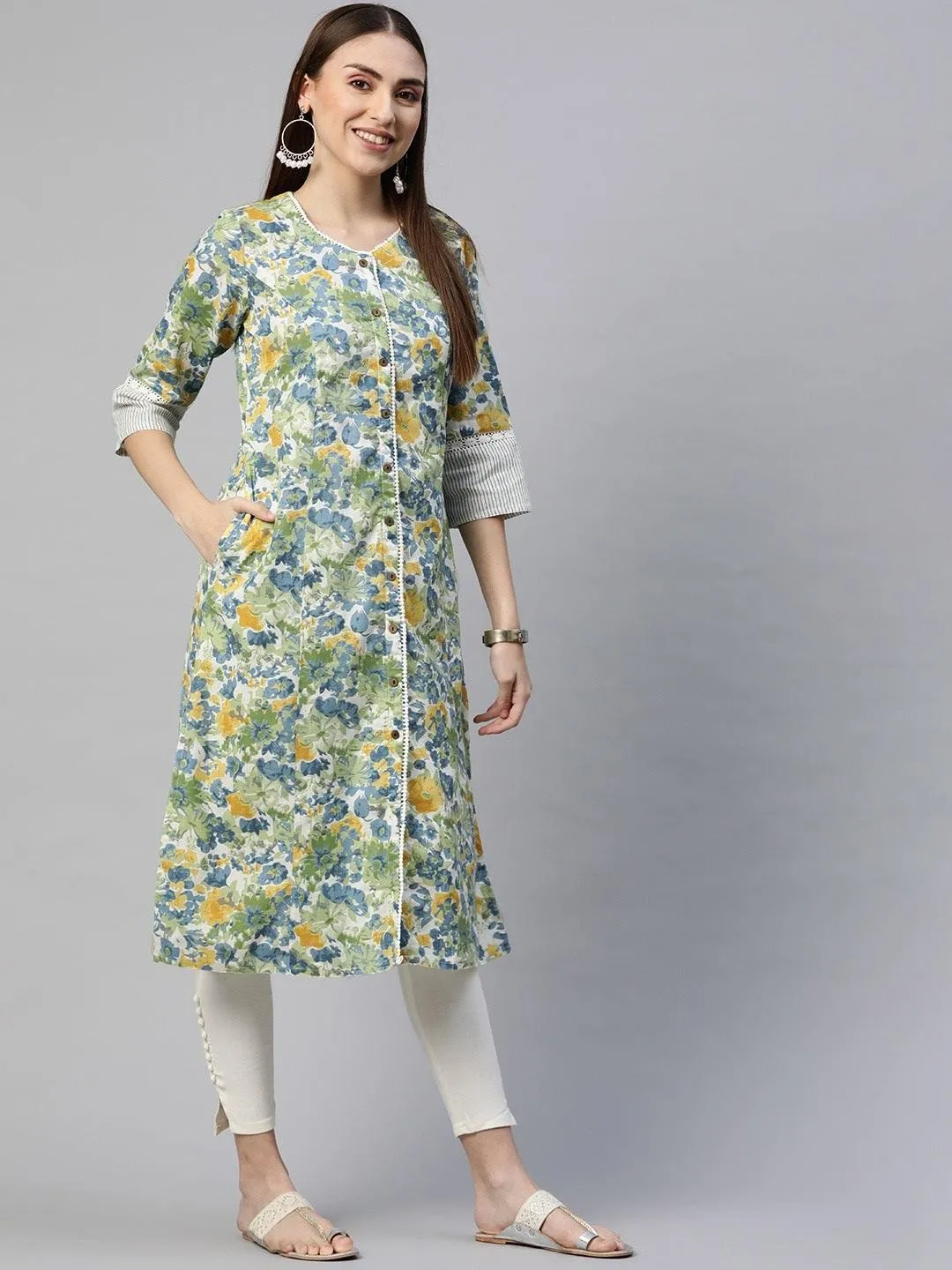 Multi Color Floral Printed Cotton Flex A-Line Kurta