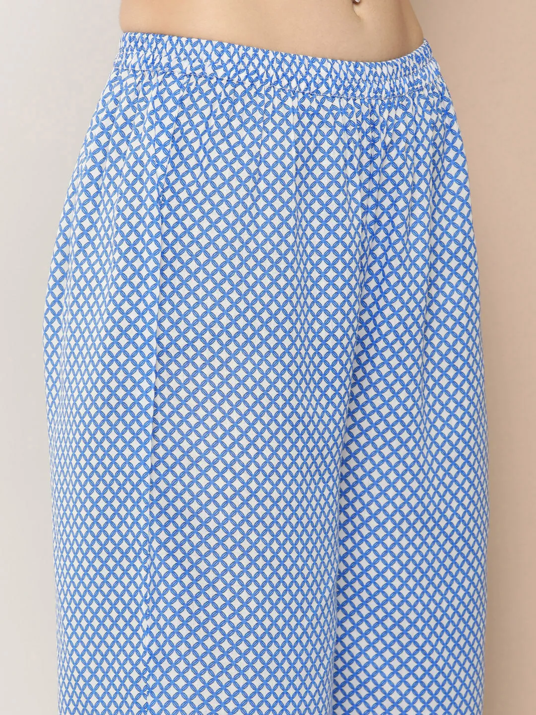 Off White And Blue Floral Print Kurta With Printed Pants.