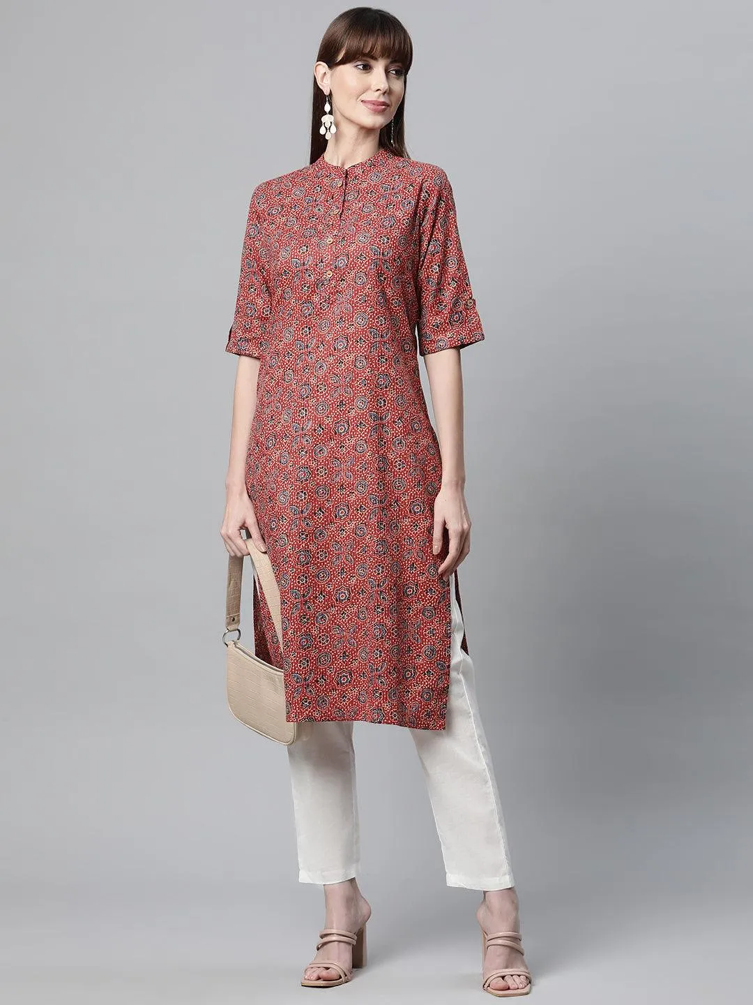 Red And Blue Cotton Straight Kurta